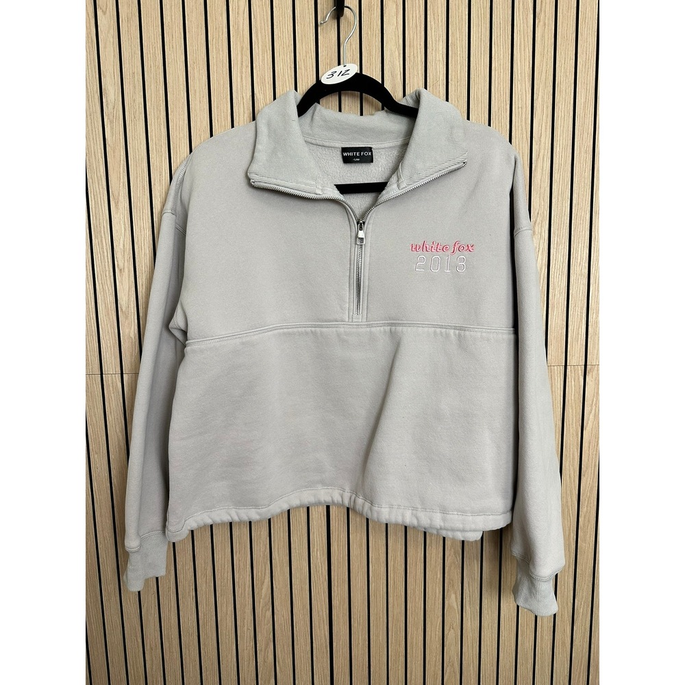312 White Fox Sport Half Zip Sweatshirt Puff Print Pullover (S/M, Grey/Pink, EUC